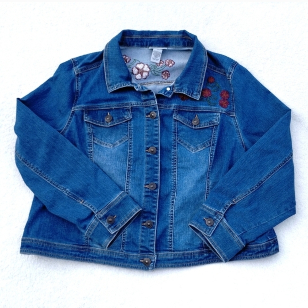 Catherine's Denim Floral Embroidered Jean Jacket Women's Size 0X / 14 Casual